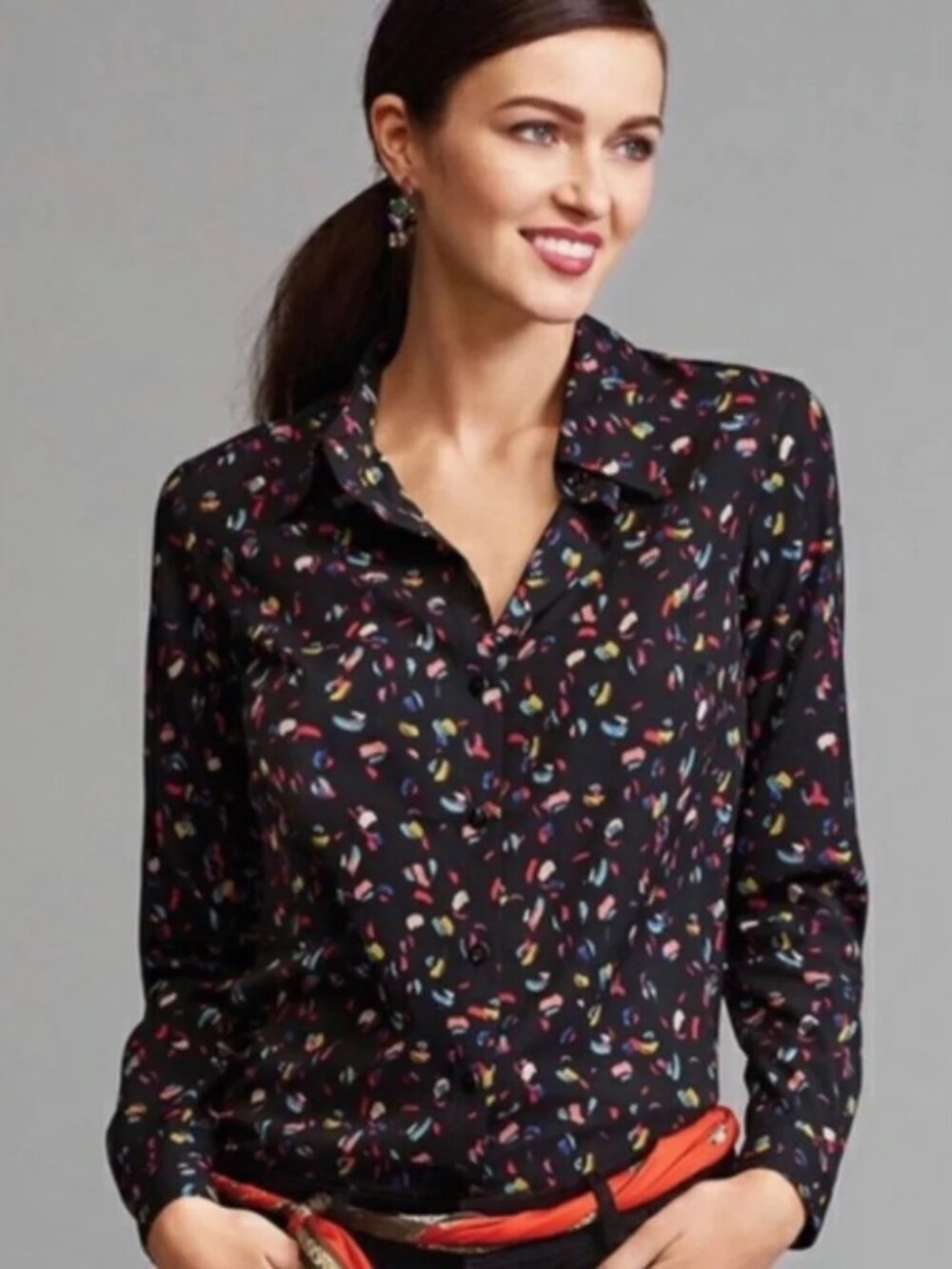 Cabi Ferris Confetti Multicolor long sleeve button front top shirt blouse Large